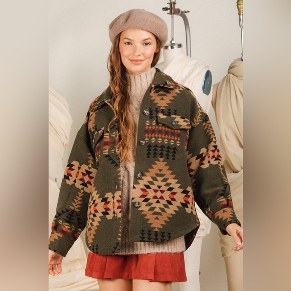 Aztec Print Olive Shacket - Picture 2 of 8